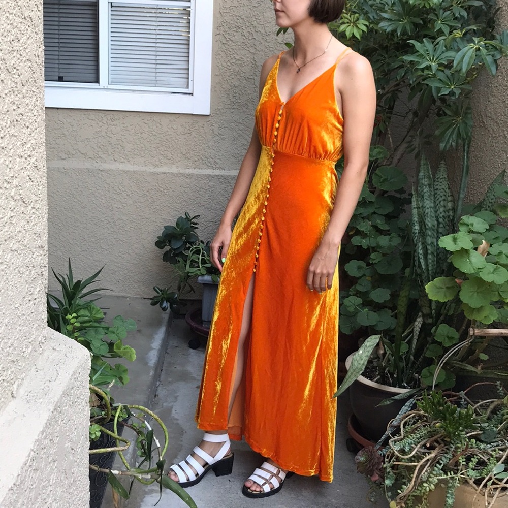 Bright orange Urban Outfitters velvet maxi dress